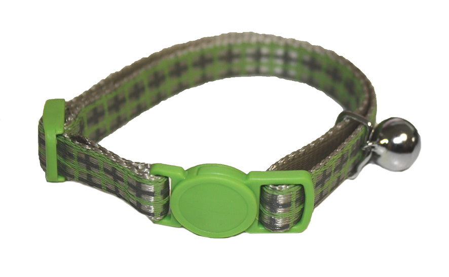 Green and brown plaid cat collar with a silver bell on a white background